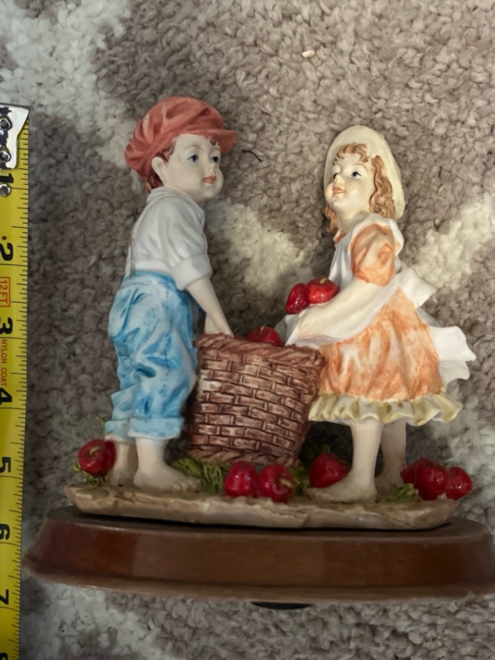 DaVinci Boy and Girl Apple Basket Figurine in Blue, Orange, Red